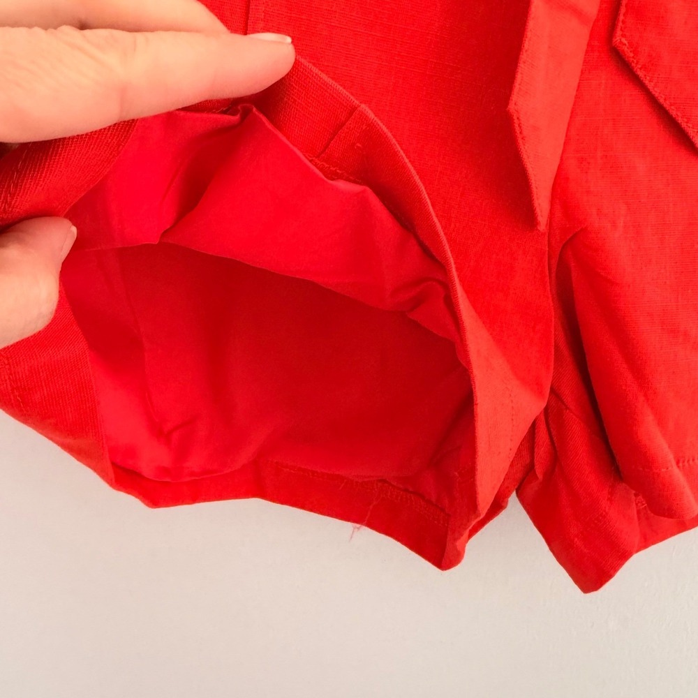 Tomato Red Scalloped Paperbag Waist Tie Belt Shorts (S) High Rise Pleated Resort - Picture 7 of 16